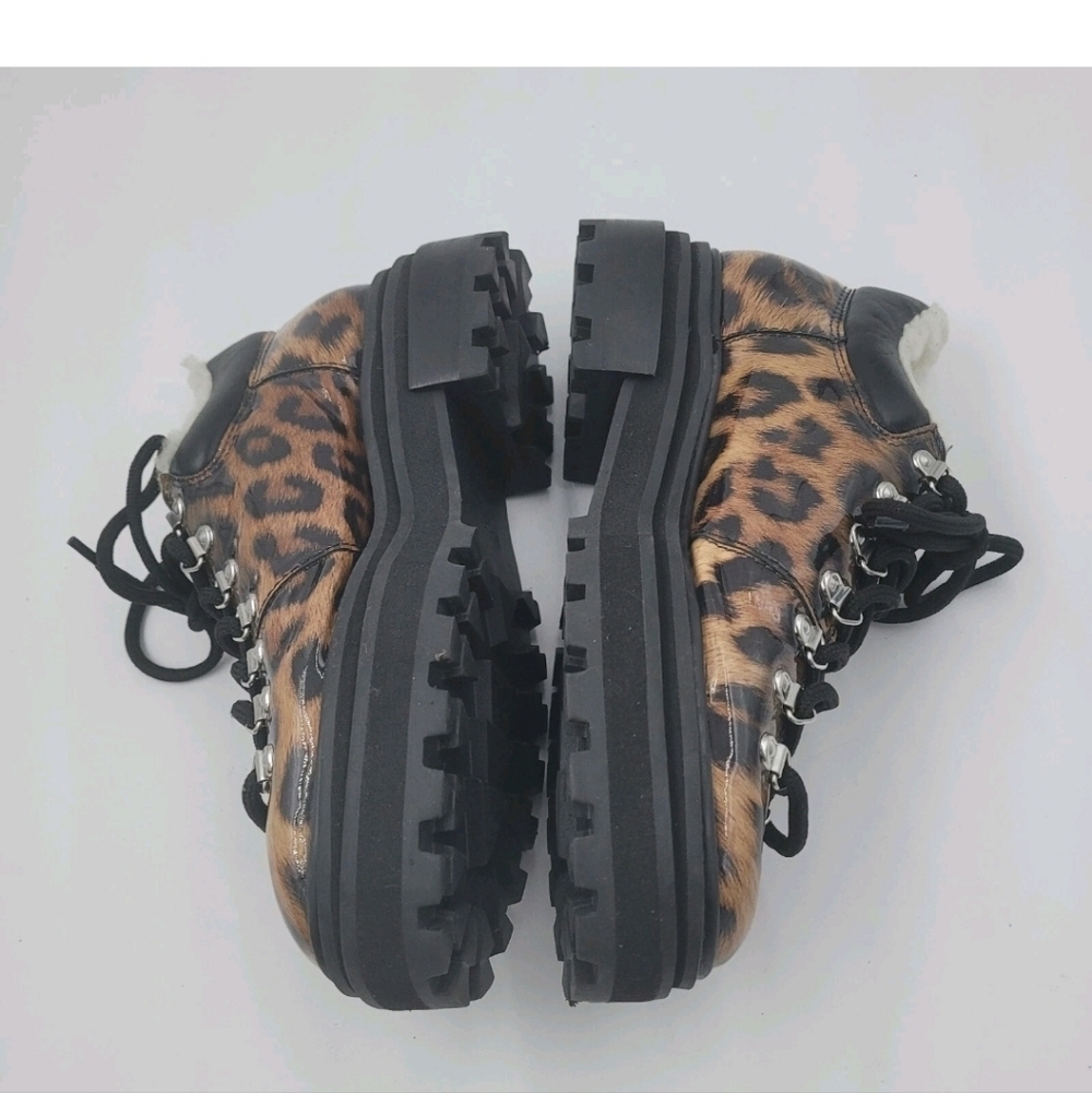 Schutz Lucille Leopard Patent Faux Shearling Ankle Boots 7B Lug Sole Block Heel - Picture 5 of 11